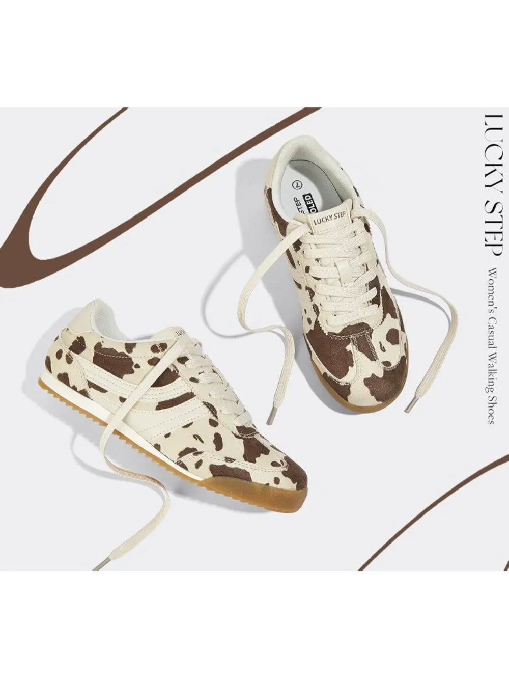 Women's Cow Print Lightweight Thin Sole Lace up Anti Slip Classic Retro Sneakers